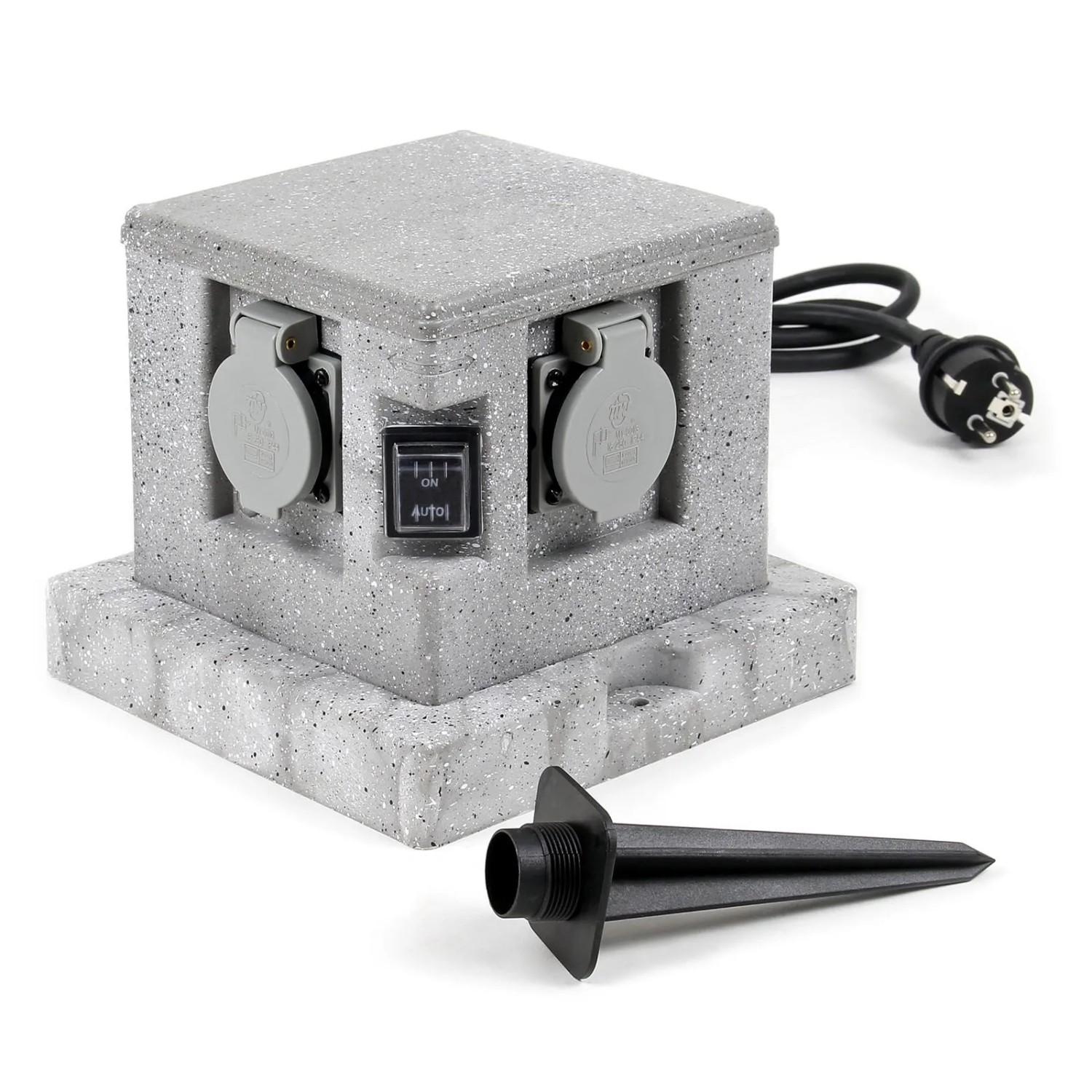 Wiltec Gartensteckdose 4Fach Granitoptik Außensteckdose Sensor Ip44 Steckdosenstein
