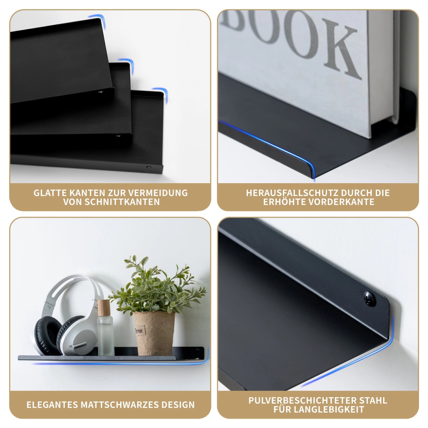 BERLINLODGE Wandregal Metall 3er Set Matte Schwarz Schweberegal Wandboards Bücherregal 3-Teiliges Hängeregal Wanddeko_6