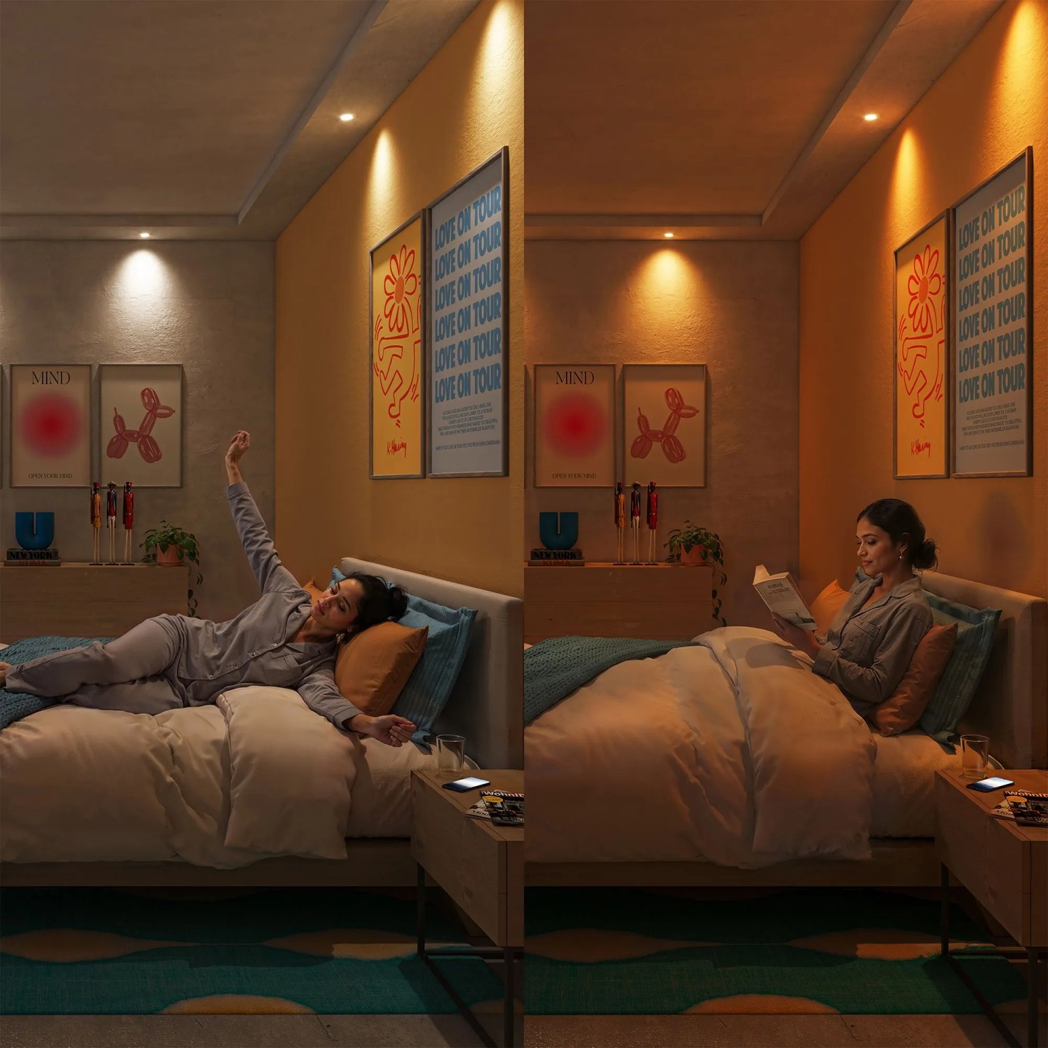 Philips Smart-LED-Leuchtmittel GU10 Set: Schlafzimmer mit variabler Lichtstimmung von kaltweiß bis warmweiß.