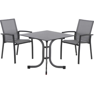 Siena Garden Dining-Set Velia, 3-teilig: 2 Sessel, 1 Klapptisch, anthrazitfarbenes Gestell, graue Sitzflächen.