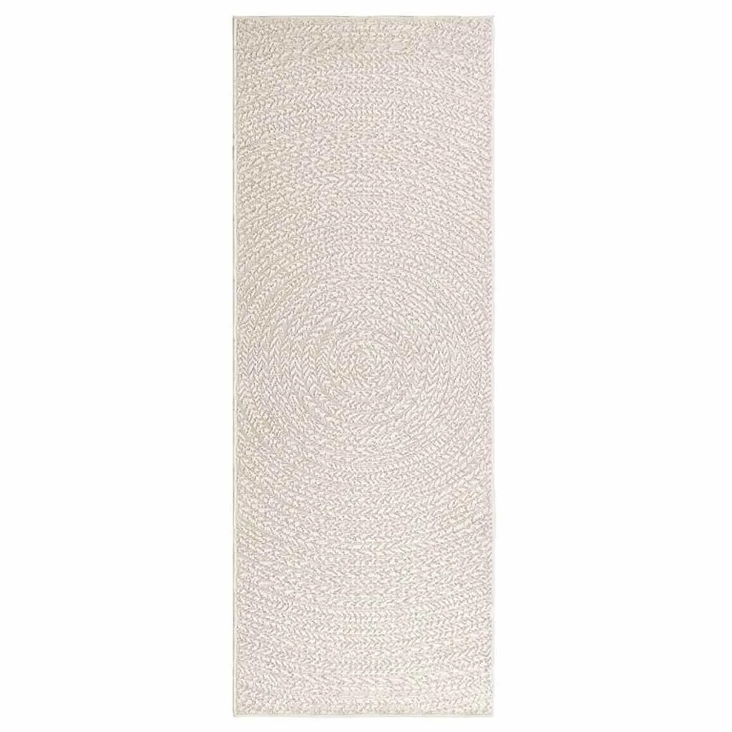 Cremefarbener Outdoor-Teppich (80x200 cm) in Jute-Optik mit rundem Muster.