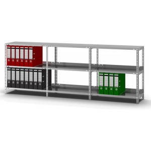 Verzinktes PROREGAL Aktenregal mit roten, schwarzen und grünen Aktenordnern. Schraubsystem, 3 Ebenen.