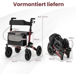 Costway Rollator mit Luftbereifung Faltbar 7-Fach Höhenverstellbar Rot
