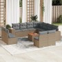 Beige vidaXL Garten-Sofagarnitur aus Poly Rattan mit Kissen, 12-teilig. Gartenmöbel-Set mit Tisch.