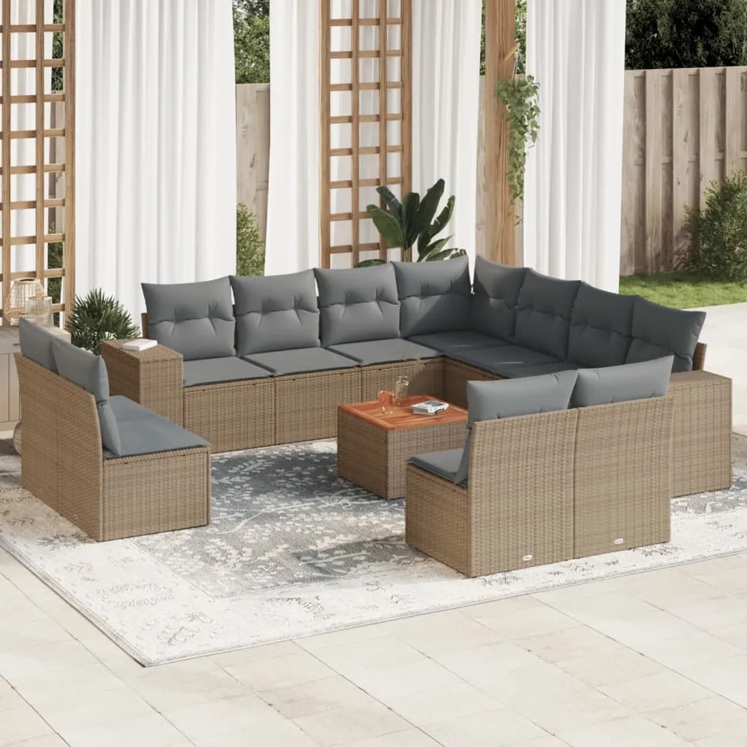 Beige vidaXL Garten-Sofagarnitur aus Poly Rattan mit Kissen, 12-teilig. Gartenmöbel-Set mit Tisch.
