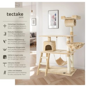 Beiger Tectake Kratzbaum Marcel, 141 cm hoch, mit Sisal, Hängematte, Höhle und Liegemulde.