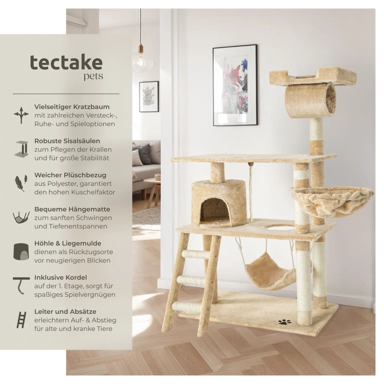 Beiger Tectake Kratzbaum Marcel, 141 cm hoch, mit Sisal, Hängematte, Höhle und Liegemulde.