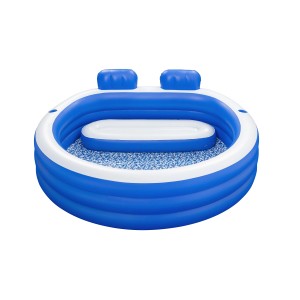 Aufblasbarer Bestway Familien Pool Splash Paradise in Blau-Weiß mit Sitzpolster und Kopfstützen.