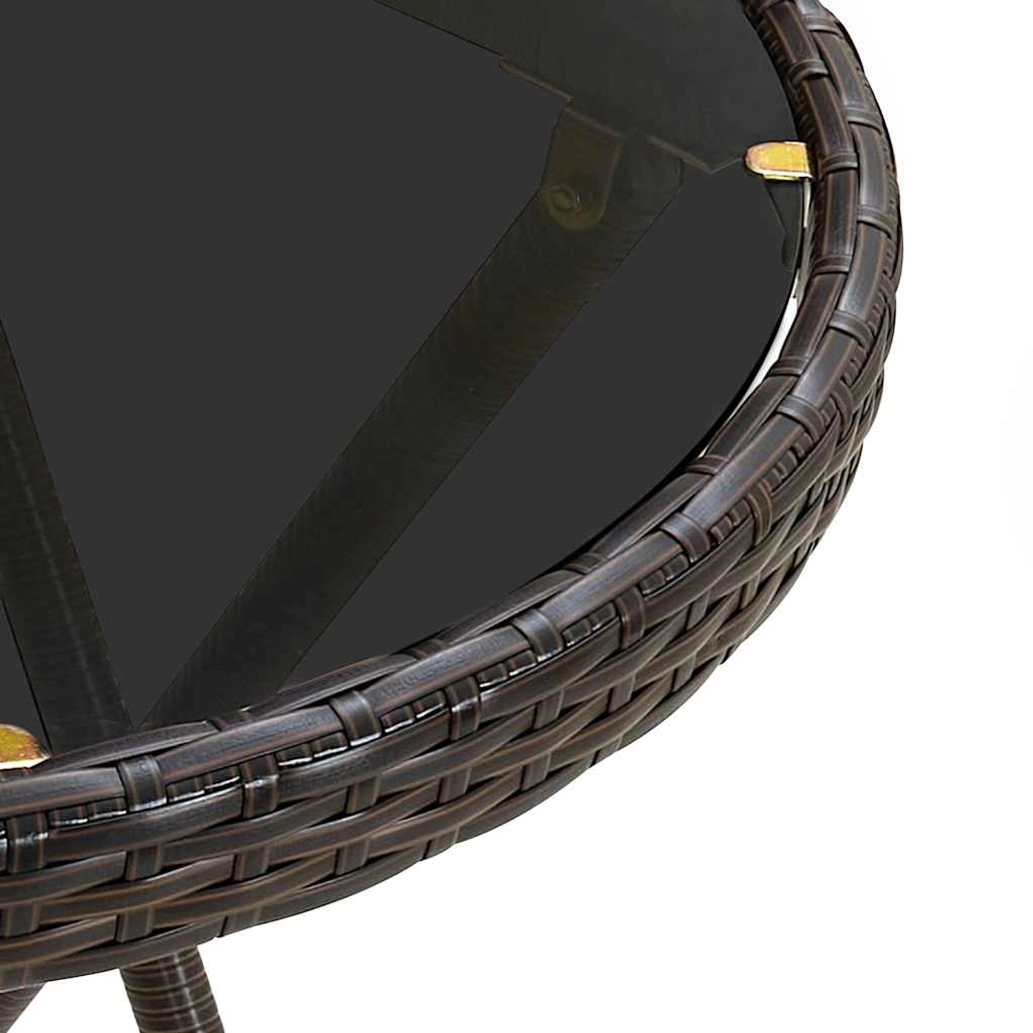 Detailansicht: Runder Bistrotisch mit Glasplatte und braunem Poly Rattan Geflecht des vidaXL 3-Tlg. Bistro-Sets.