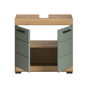 Waschbeckenunterschrank in Salbei mit Eiche-Optik, 60 cm breit, mit offenen Türen.