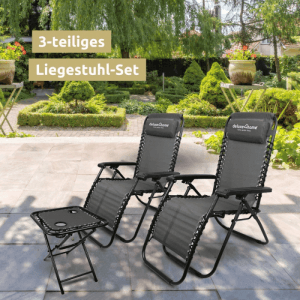 DELUKE 2er Set Liegestuhl Klappbar BRUK Mit Klapptisch Gartenstühle Hochlehner mit Kopfkissen Campingstuhl Wetterfest Klappstuhl Anthrazit