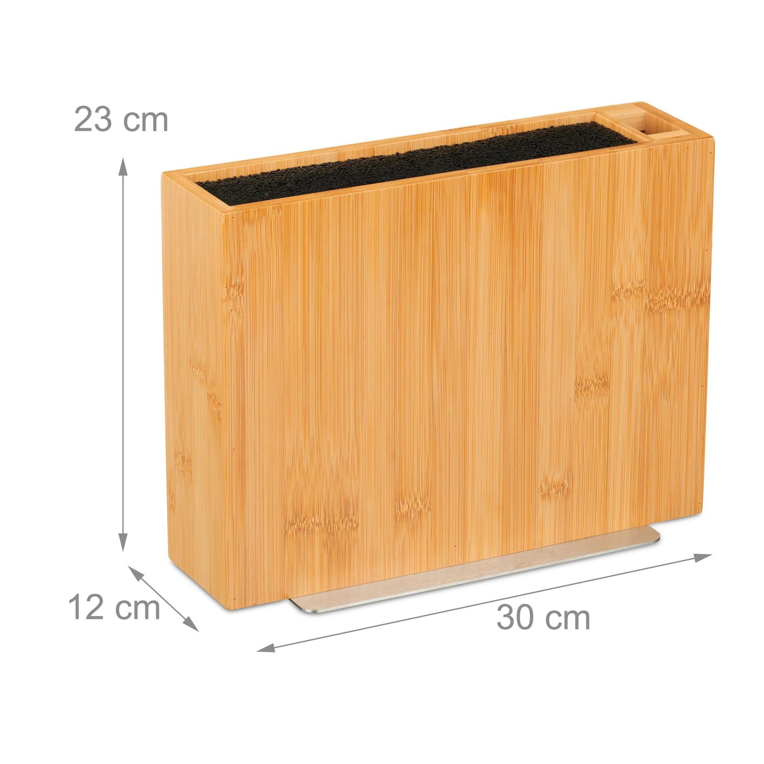 Unbestückter Messerblock aus hellem Bambus mit schwarzem Borsteneinsatz, Seitenfach und rutschhemmender Basis. 23x30x12 cm.