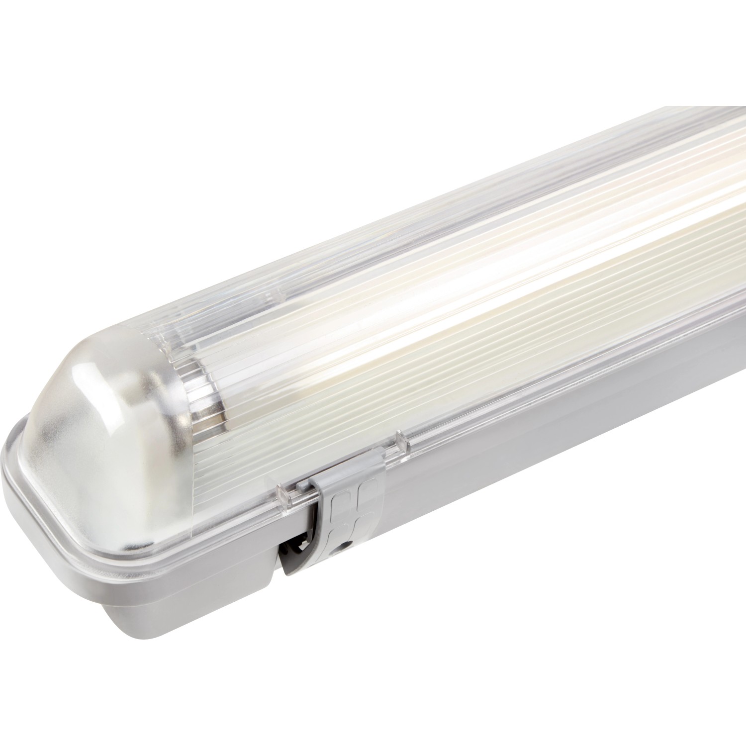 Graue Feuchtraumleuchte, 58 W, mit Leuchtstoffröhre. Ideal für Bad, Küche und Keller.