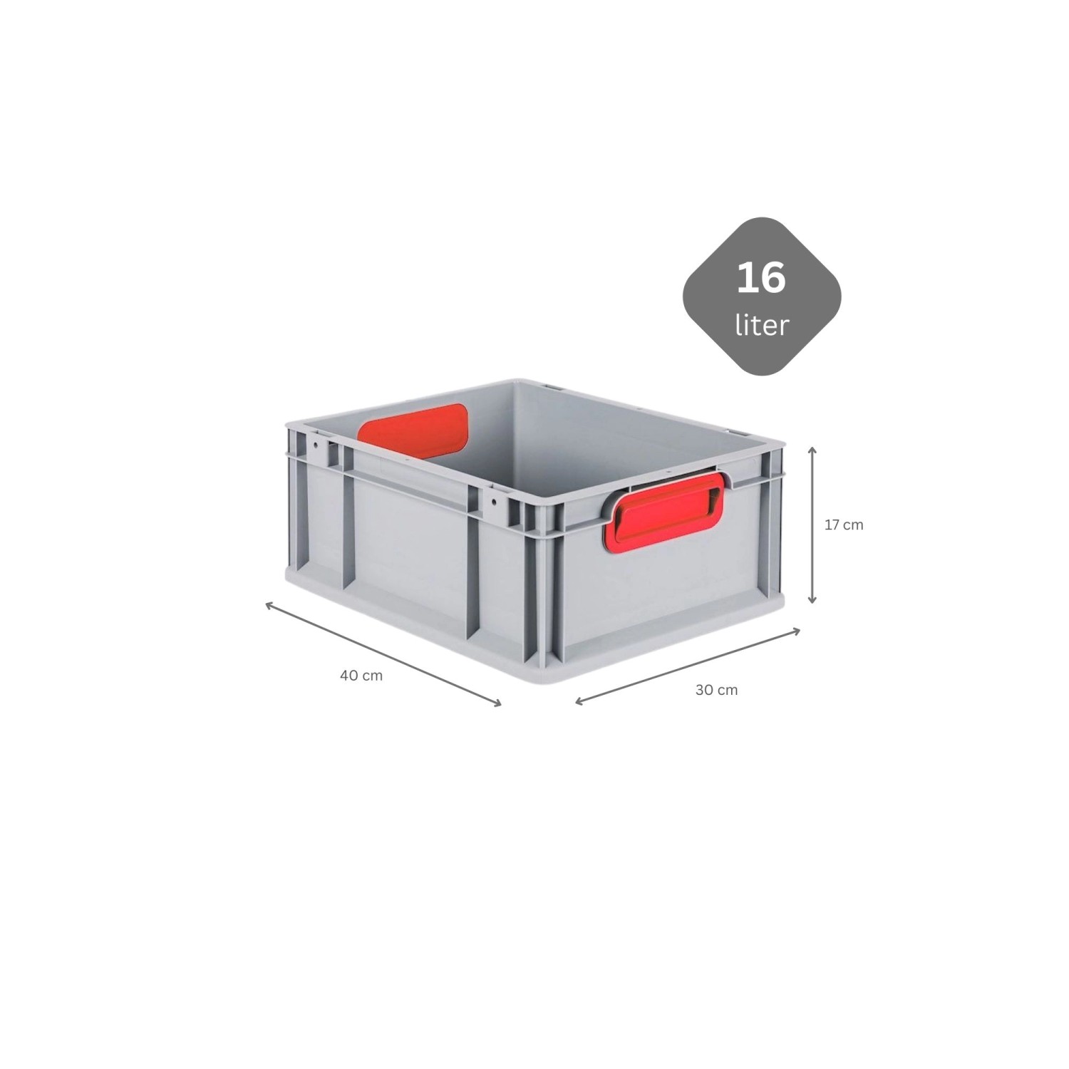 Graue PROREGAL Eurobox mit roten Griffen, 17x30x40 cm, als Aufbewahrungsbox.