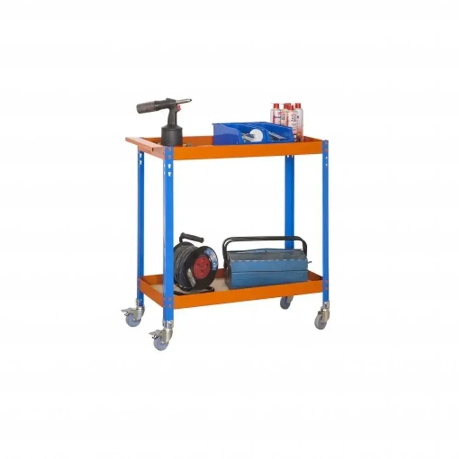 PROREGAL Montagewagen Muli mit 2 Holzböden, blau-orange, Werkstattwagen mit Werkzeug.