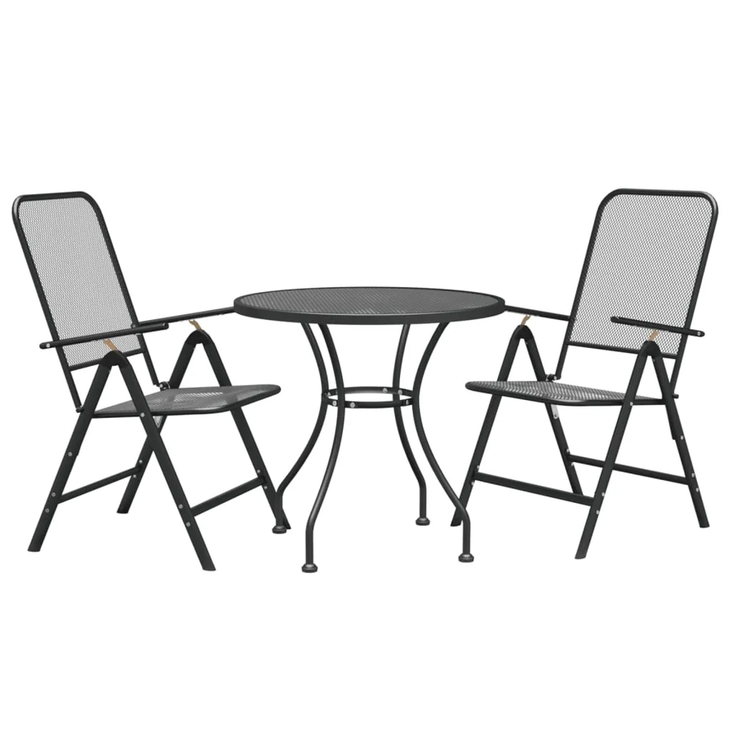 3-teilige Garten-Essgruppe aus Streckmetall in Anthrazit mit Tisch und zwei Klappstühlen.