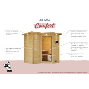 Karibu Sauna Marika mit LED-Dachkranz aus naturbelassener Fichte. Massivholzsauna mit Glastür.