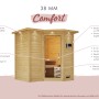 Karibu Sauna Marika mit LED-Dachkranz aus naturbelassener Fichte. Massivholzsauna mit Glastür.