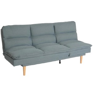 Blau-graues MCW Schlafsofa M79 aus Stoff/Textil mit Holzfüßen.