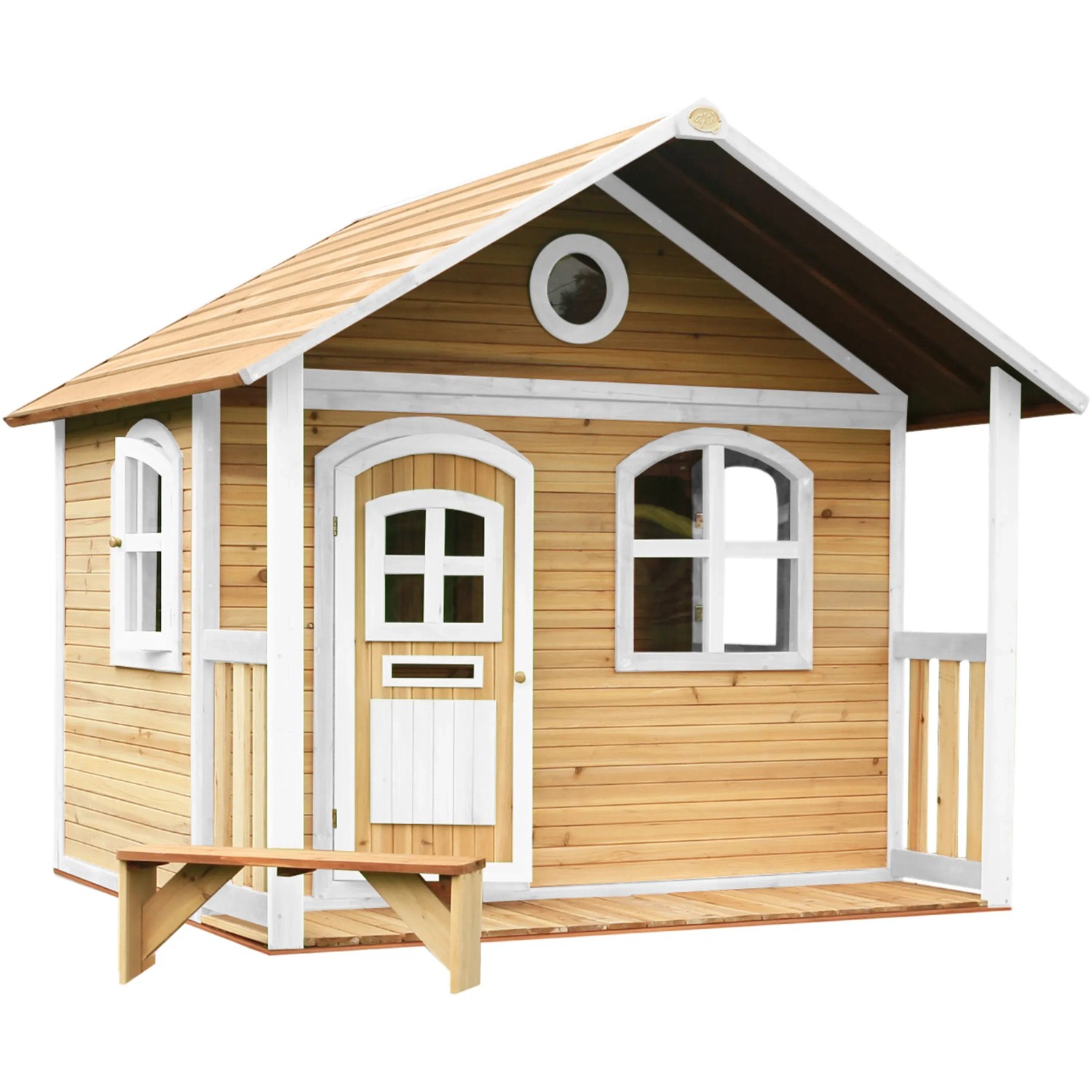 Axi Milan Spielhaus aus Holz in Braun und Weiß mit Bank vor der Veranda.