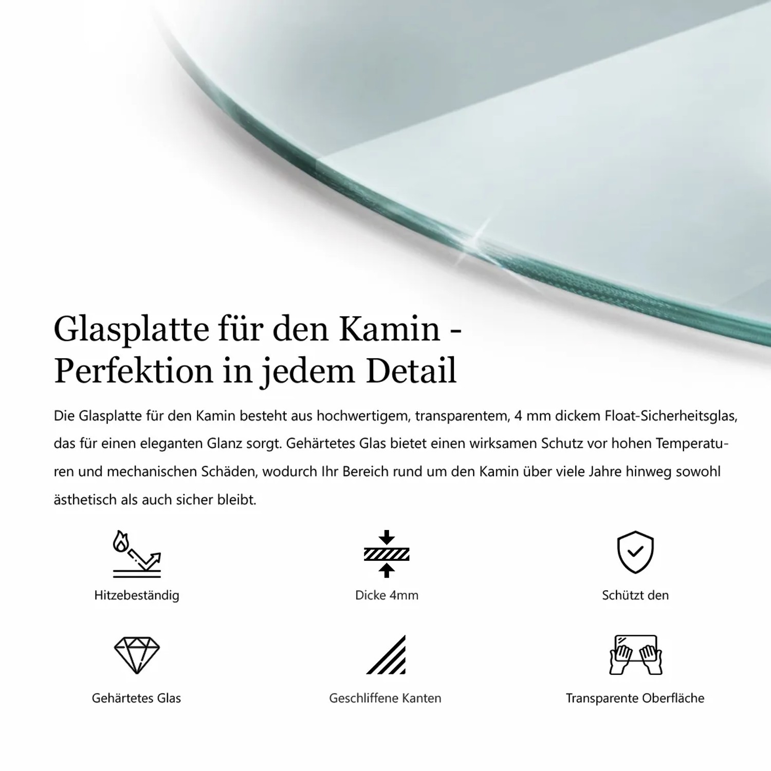 Transparente Glasplatte für Kaminöfen, Halbkreis 100x100 cm, als Funkenschutz.
