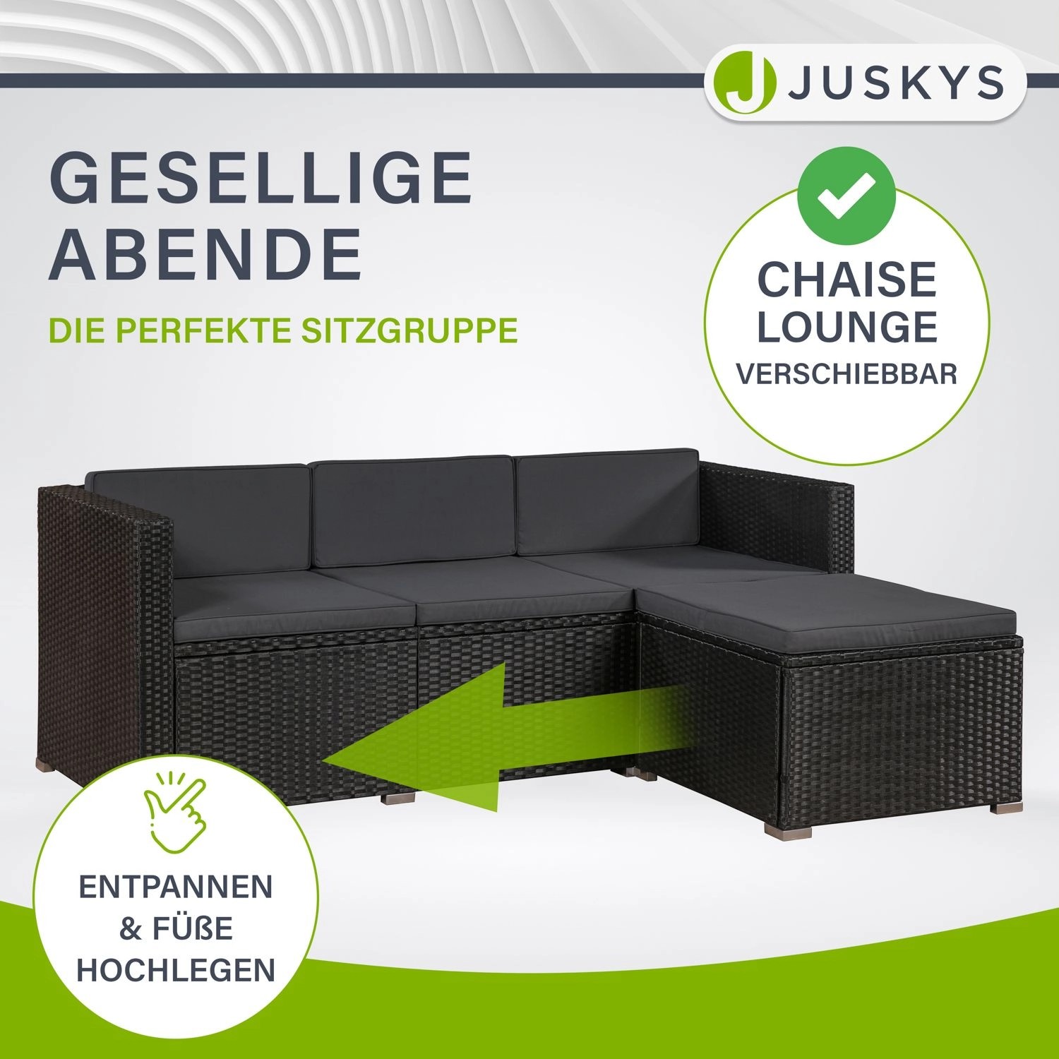 Schwarze Juskys Polyrattan Lounge Punta Cana L mit dunkelgrauen Bezügen. Gartenmöbel Sitzgarnitur.