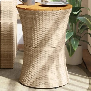 Beiger vidaXL Garten-Beistelltisch in Trommelform aus Rattan mit Akazienholz-Tischplatte.