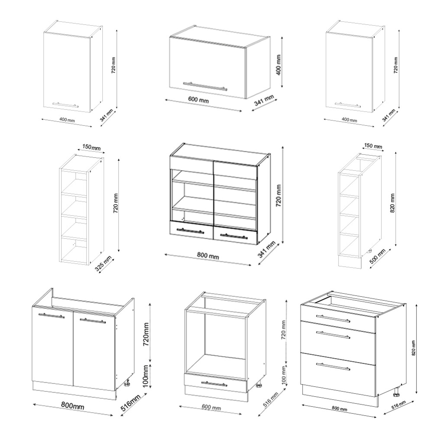 Skizze der Fame-Line Küchenzeile 235 cm in Grün-Gold/Weiß mit Maßen der einzelnen Elemente.