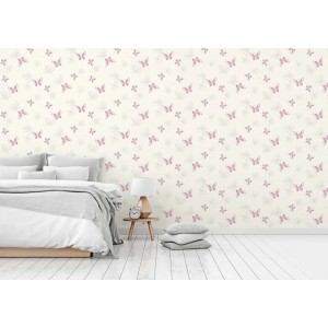 Violette Vliestapete mit Schmetterlingsmuster für dekorative Wände. Tadessi Tieroptik Tapete im Schlafzimmer.