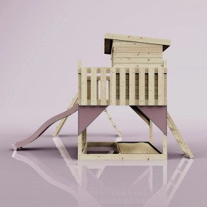 PolarPlay Spielturm Aksel in Altrosa mit Rutsche und Spielhaus aus Holz.
