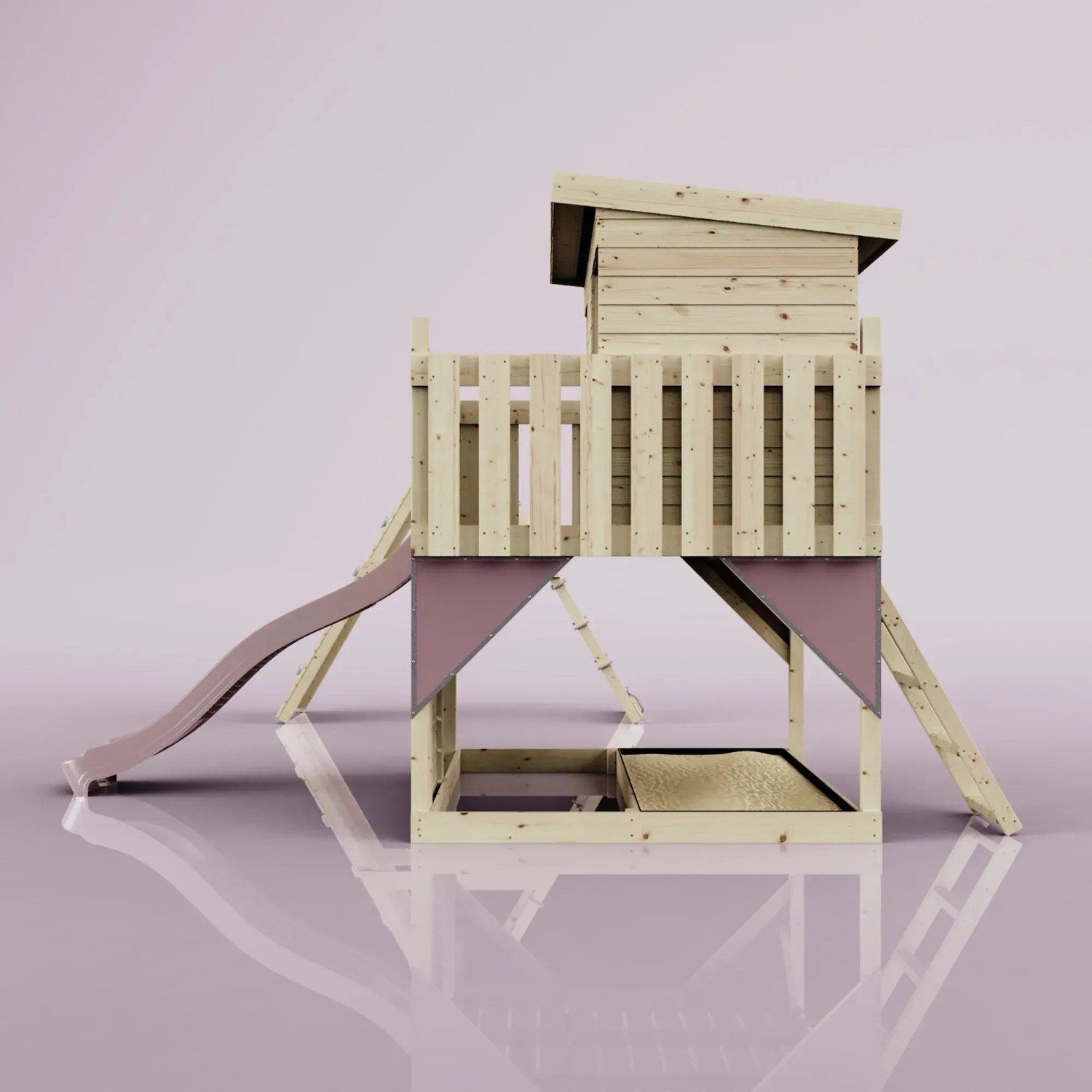 PolarPlay Spielturm Aksel in Altrosa mit Rutsche und Spielhaus aus Holz.