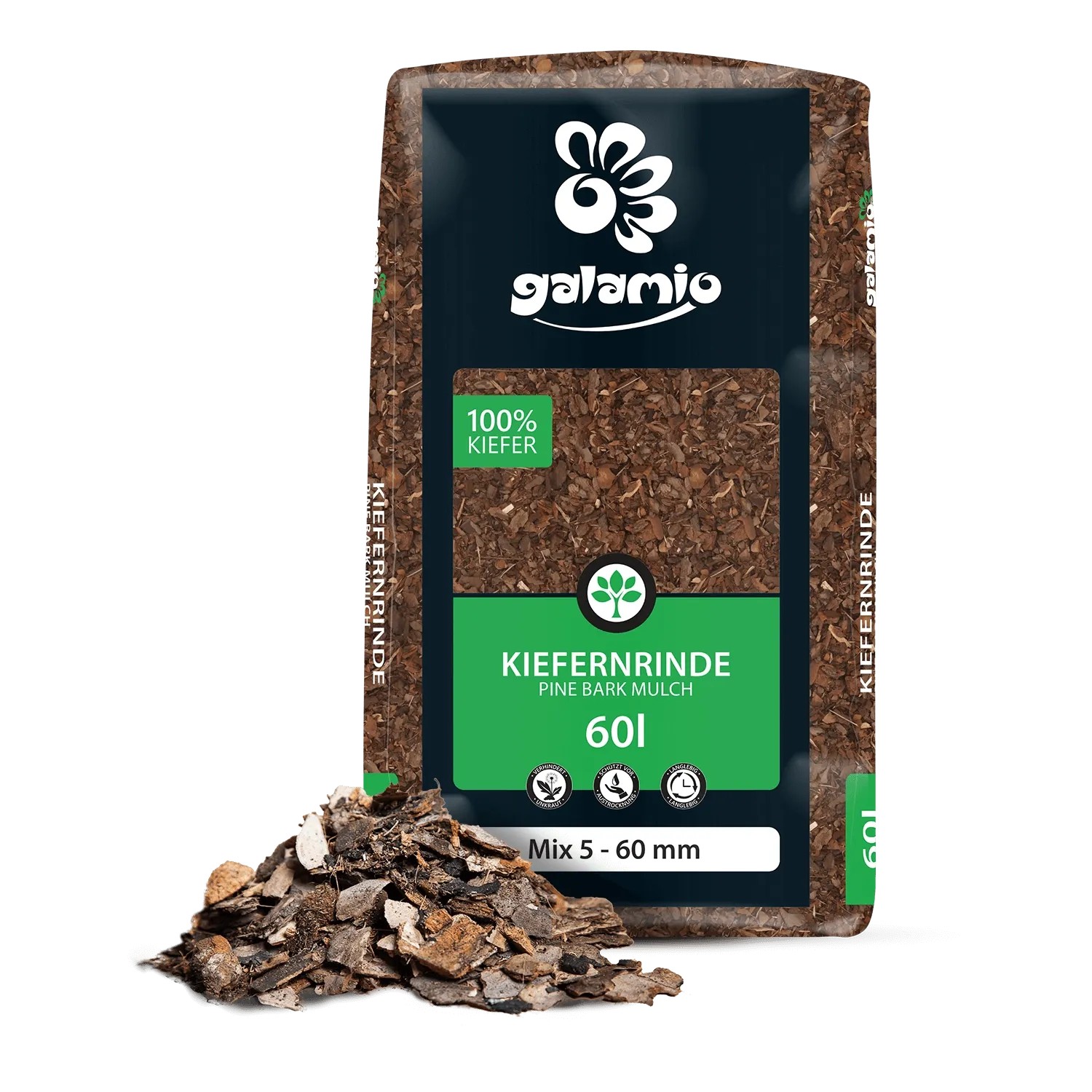 Dunkler Galamio Kiefer Rindenmulch 60l Sack mit rotbraunem Mulch davor. Schützt Gartenboden, hemmt Unkraut.