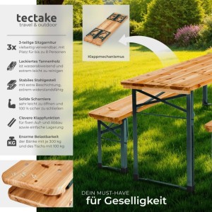 Klappbare, braune Tectake Bierzeltgarnitur Sissi, 3-teilig, aus Tannenholz und Stahl.