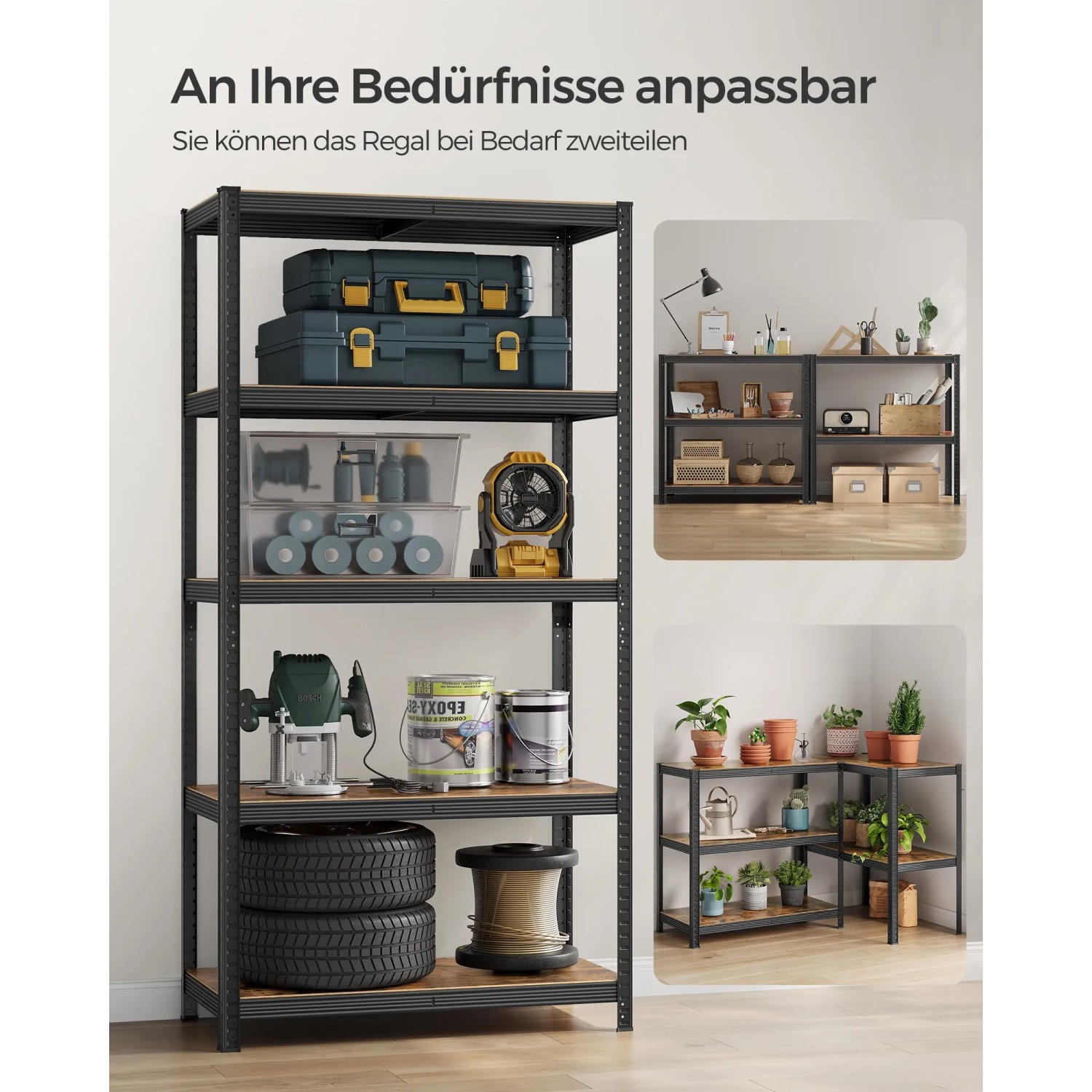 Songmics Standregal, 50x100x200 cm, braun-schwarz, mit fünf Ebenen und diversen Gegenständen bestückt.