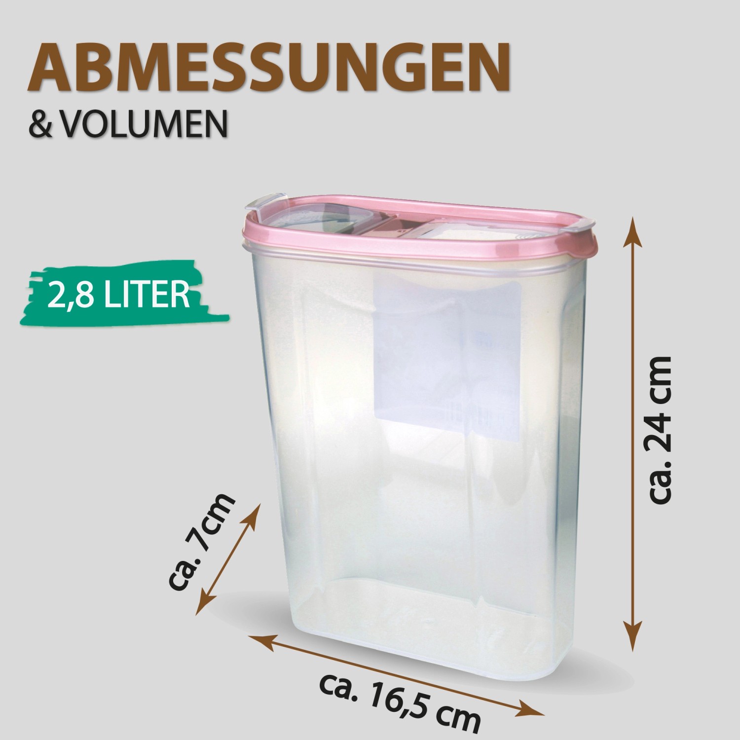 Bestlivings Frischhaltebox Schüttdose 2er Pack Altrose, transparent mit rosa Deckel und Maßangaben.