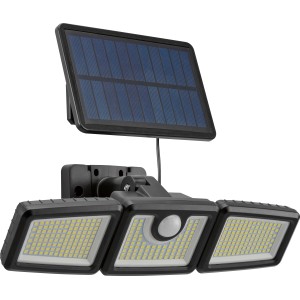 Schwarzer Solar-LED-Außenstrahler mit Bewegungssensor und Solarpanel. Wandleuchte für den Außenbereich.