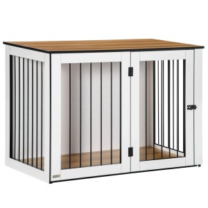PawHut Hundekäfig in Weiß mit dunkelbrauner Holzoptik-Platte. Moderne Hundebox mit schwarzen Gitterstäben und verriegelbaren Türen.