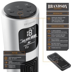Brandson Turmventilator mit LED-Display, Fernbedienung und Oszillation. Ideal für heiße Tage.