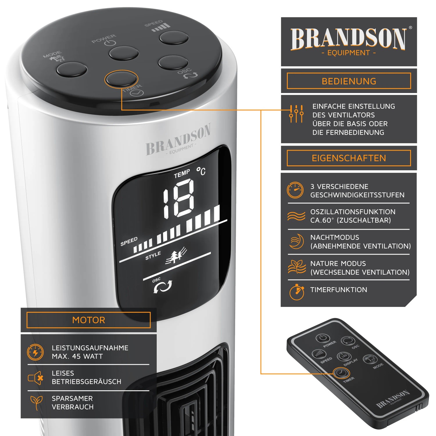 Brandson Turmventilator mit LED-Display, Fernbedienung und Oszillation. Ideal für heiße Tage.