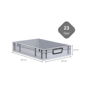 Graue PROREGAL Eurobox Nextgen Color, 23 Liter, mit schwarzen Griffen und Maßangaben.