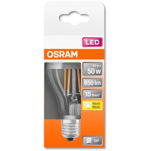 Osram LED-Lampe E27 in Glühlampenform, 6,5W, 650 Lumen, warmweiß, für stimmungsvolle Beleuchtung.