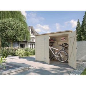 Offene, naturbelassene Weka Fahrradbox 205x84 cm mit Fahrrädern und Helmen im Garten.