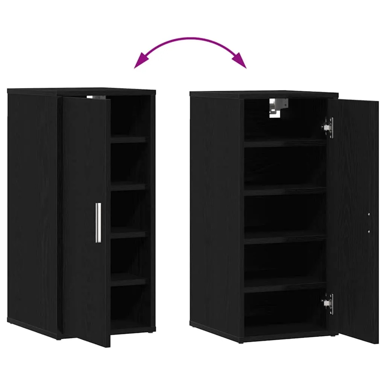 vidaXL Schuhschrank, schwarz Eichen-Optik, mit 5 Fächern, Tür geöffnet, zur Wandmontage oder zum Stellen.