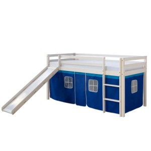 Weißes Kinderhochbett 90x200 mit blauer Stoffverkleidung, Rutsche und Leiter. Ideal als Spielbett.