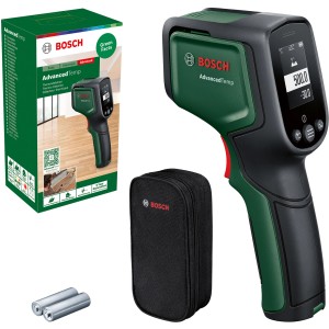 Bosch AdvancedTemp Infrarot-Thermometer mit Zubehör: Tasche, Batterien und Verpackung.