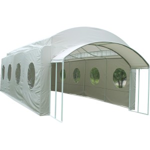 Lichtgraues Partyzelt Michelle, 400x900 cm, mit Rundfenstern und Stahlrohrgestell.