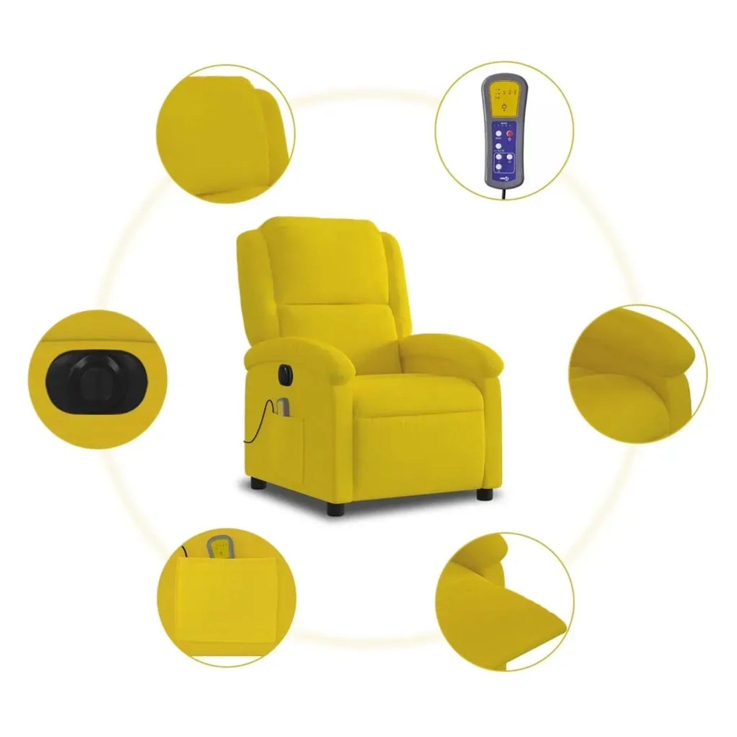 Gelber vidaXL Massagesessel elektrisch mit Vibrationsmassage und Fernbedienung.