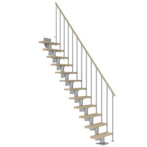 Dolle Mittelholmtreppe Dublin, gerade, mit hellen Ahornstufen, perlgrauem Metallholm und einseitigem Geländer. Innentreppe.