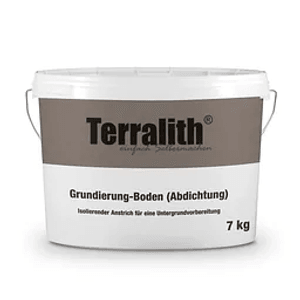 Weißer Terralith Eimer, braun-weißes Etikett. Grundierung Boden Abdichtung 7 kg. Haftgrund für Boden und Wand.
