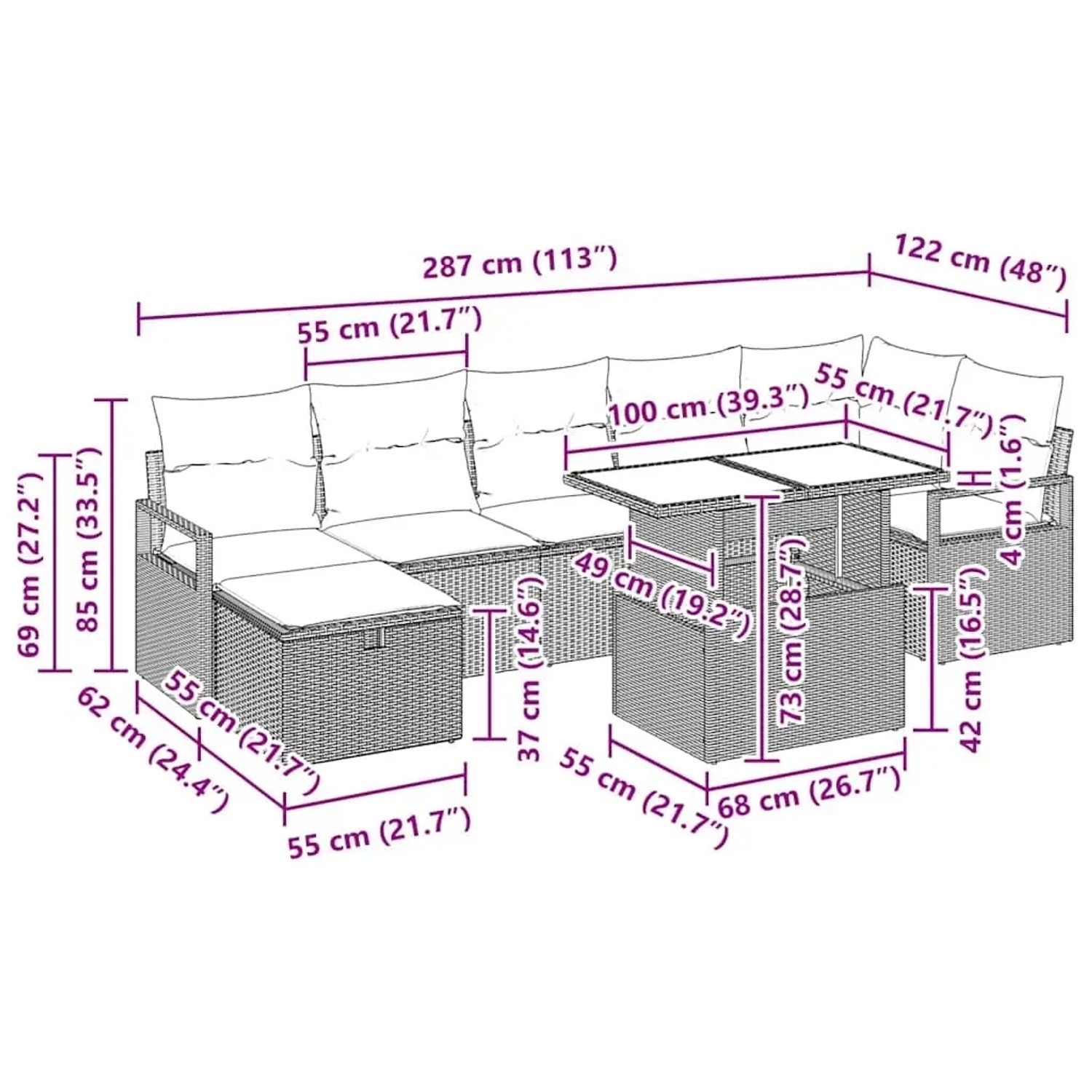 vidaXL Gartenmöbel Set, 8-teilig, grau Polyrattan, mit Maßangaben.